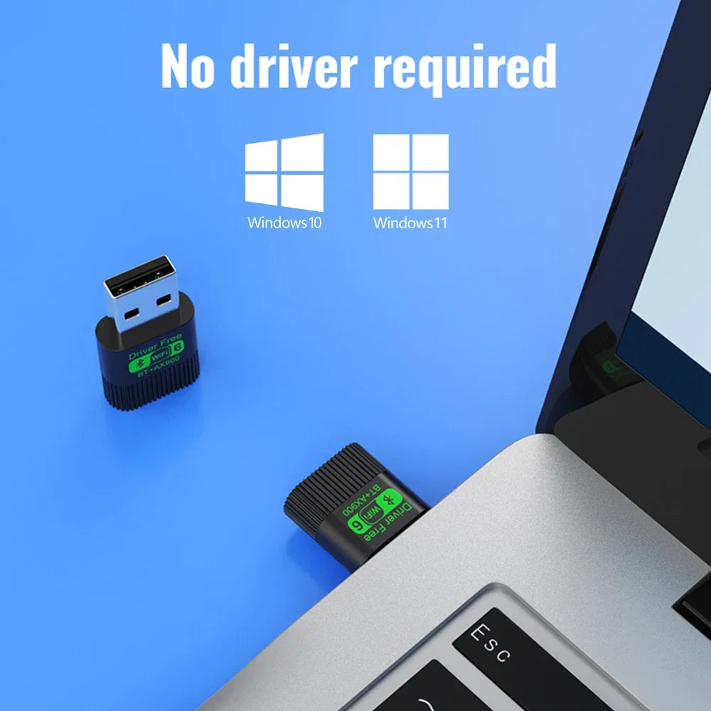 Small black USB WiFi 6 and Bluetooth 5.4 wireless adapter plugged into a laptop, highlighting driver-free installation.