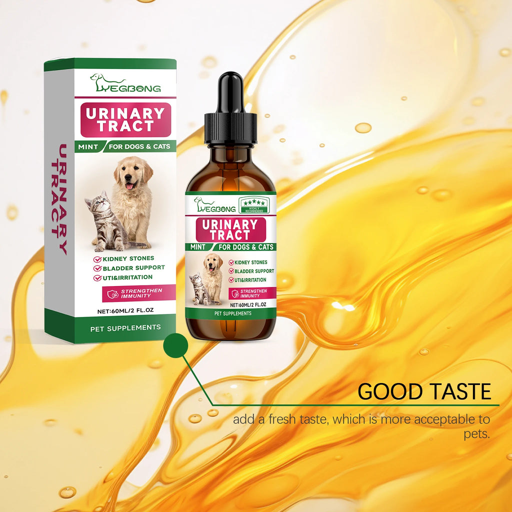 Urinary tract supplement for dogs and cats in a 60ml dropper bottle. Mint-flavoured pet health support.
