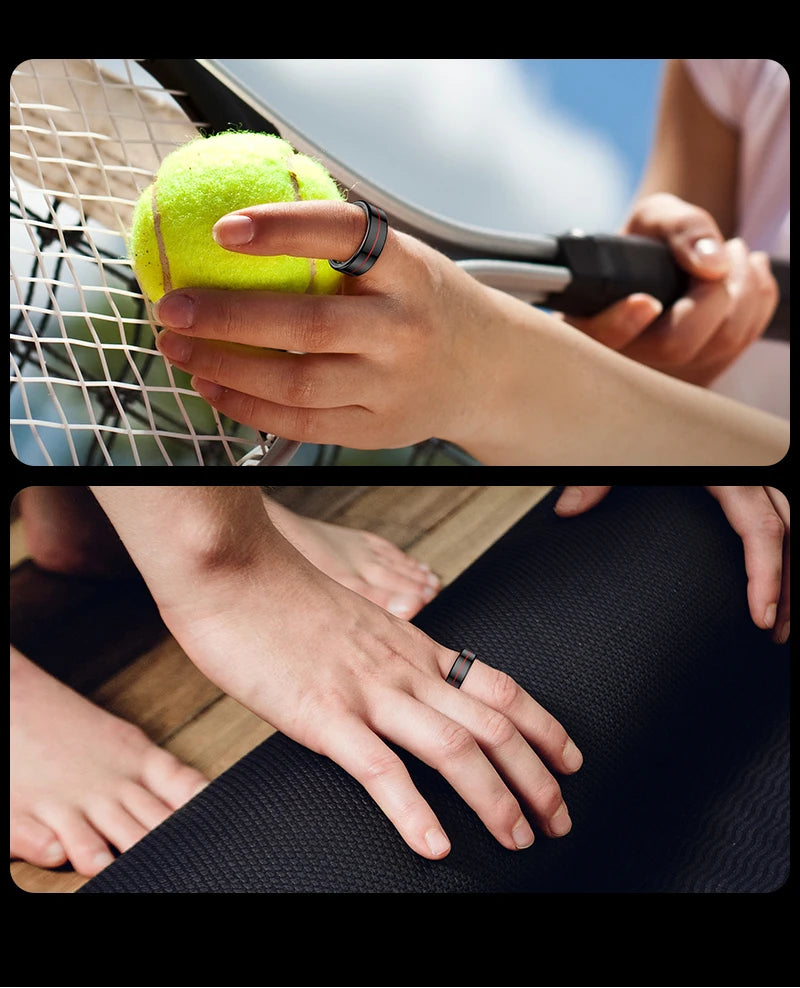 Sleek black smart fitness ring with a subtle red stripe, shown being worn while playing tennis and on a yoga mat.