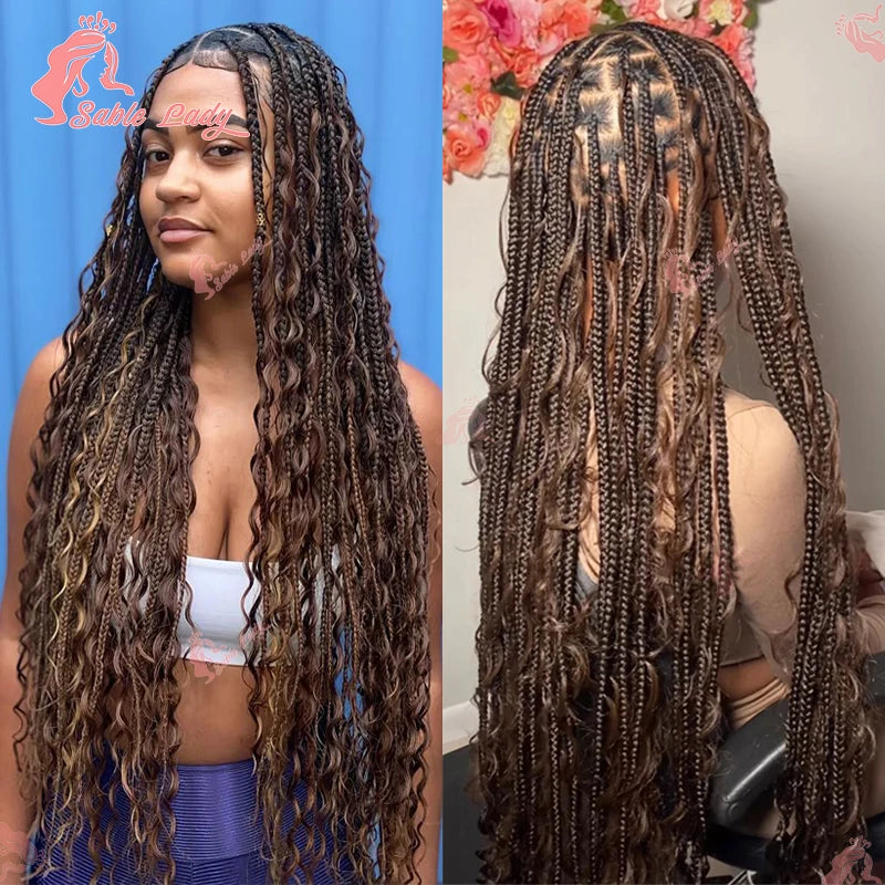 32" long synthetic knotless box braid wig in brown and blonde with curly boho strands.