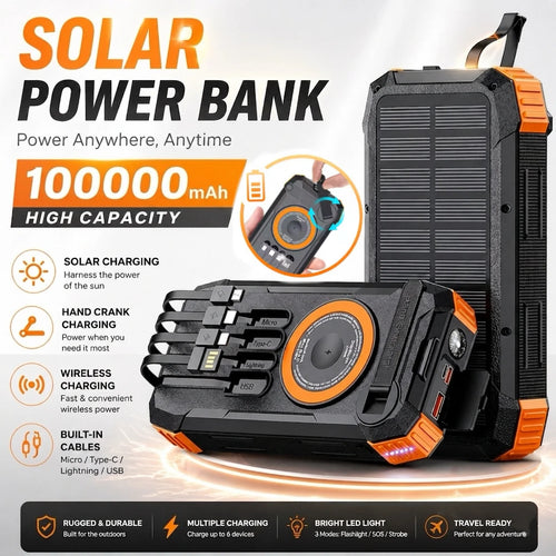 Rugged black and orange 100,000mAh solar power bank with built-in cables, wireless charging, and LED torch.