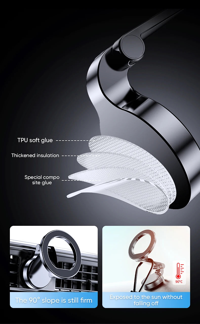 Black magnetic car phone mount with strong, heat-resistant adhesive layers for a secure, durable dashboard hold.