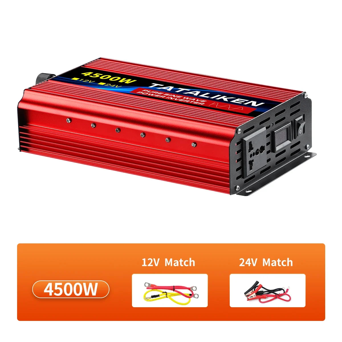 Red 4500W pure sine wave power inverter with plug socket, display screen, and battery cables for 12V and 24V systems.
