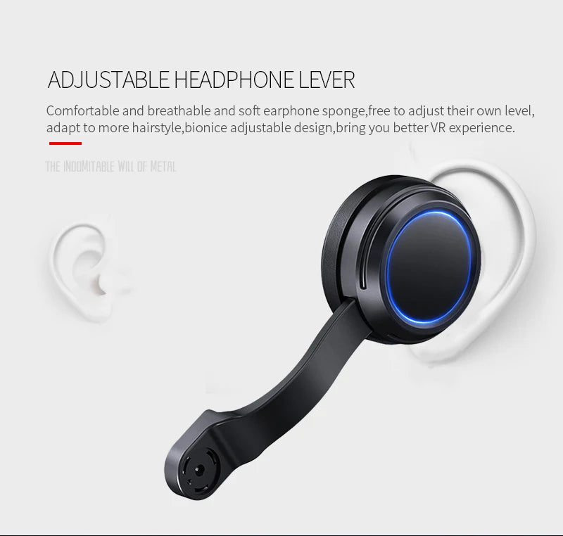 Adjustable black VR headset earphone with a soft padded cushion and glowing blue light ring.