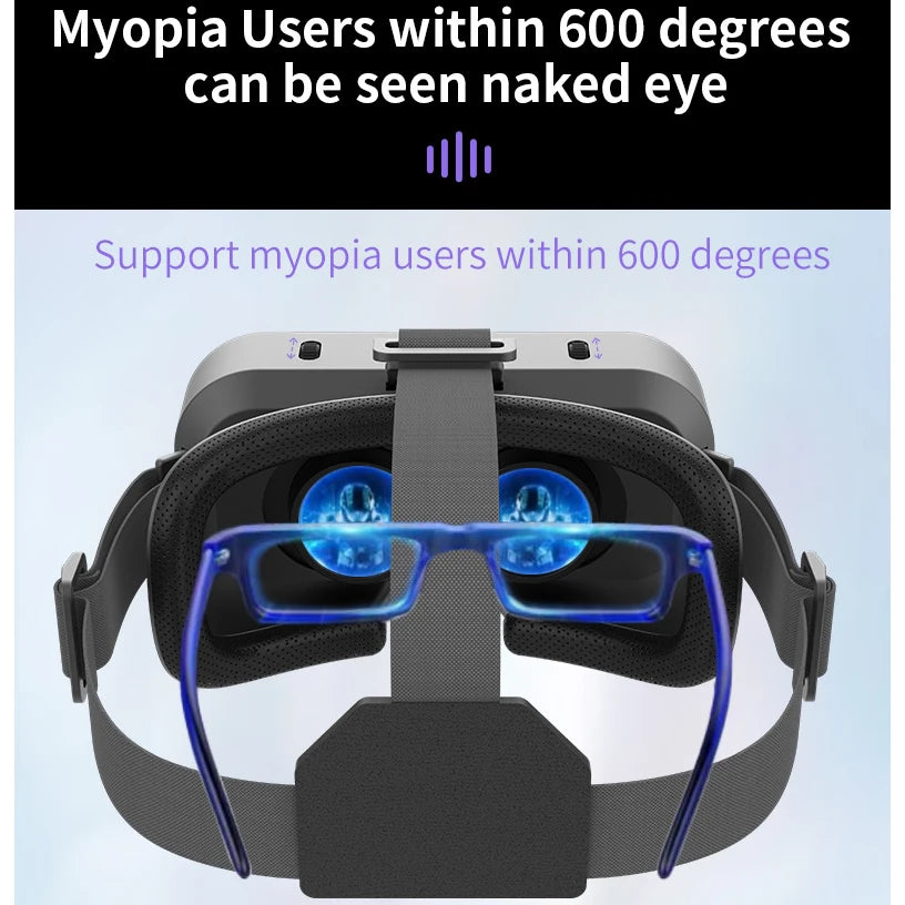 Gray VR headset with black foam cushioning, adjustable straps, and blue lenses, shown with blue glasses in front.