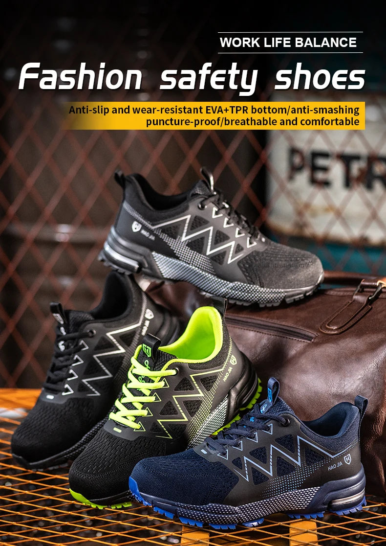 Four lightweight safety sneakers in black, black with neon green, and navy, featuring steel toes.