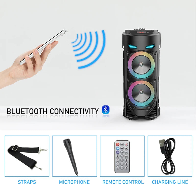 Black portable wireless Bluetooth speaker with RGB LED lights, includes microphone, remote, strap and charging cable.