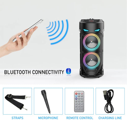 Black portable wireless Bluetooth speaker with RGB LED lights, includes microphone, remote, strap and charging cable.