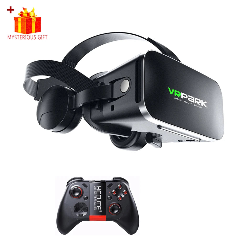 Black 3D virtual reality headset with adjustable head straps and integrated headphones, plus a wireless gaming controller.