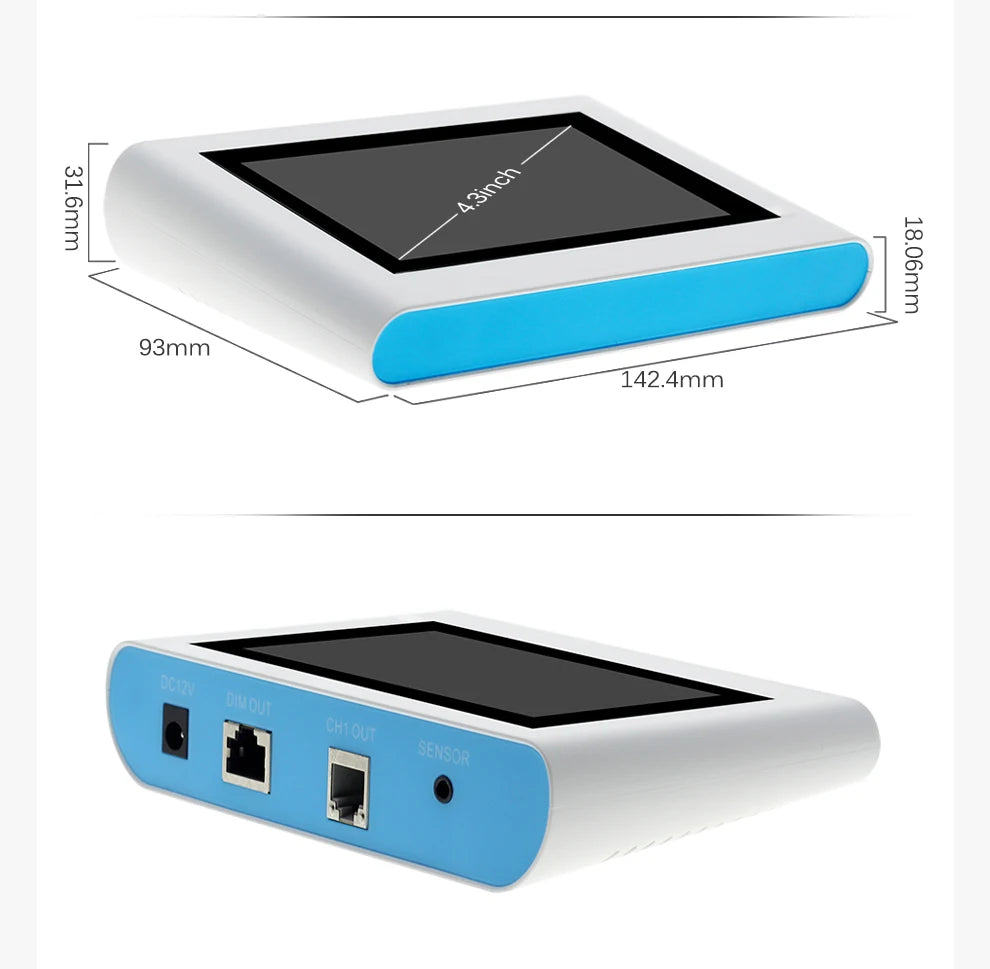 White and blue smart grow light controller with a 4.3-inch touch screen and rear ports for power and sensors.