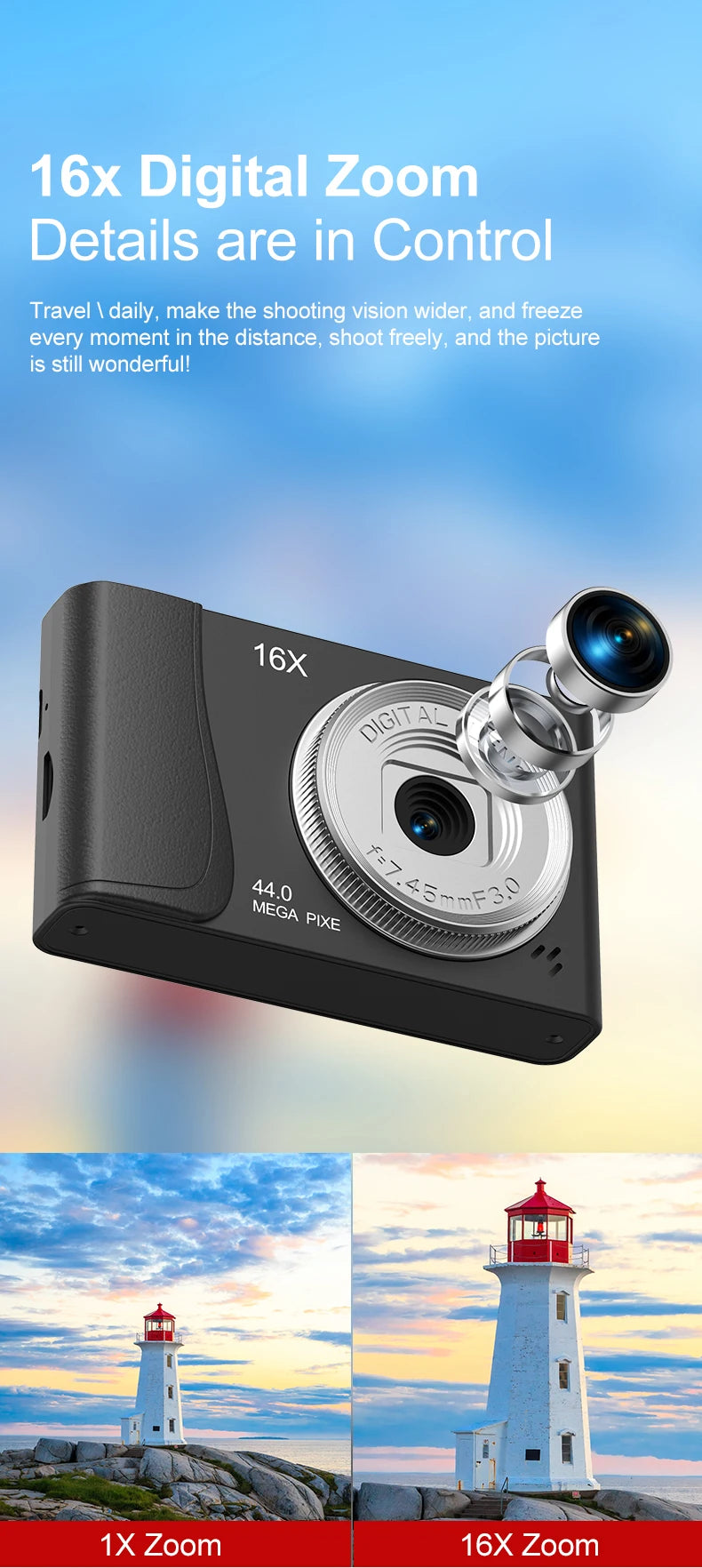 Black digital camera with a silver lens, 16x zoom feature, and 44-megapixel sensor, shown against a blue sky background.