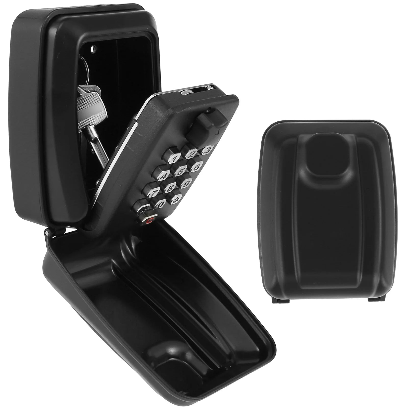 Black metal key storage lock box with a push-button combination keypad, shown open and closed.