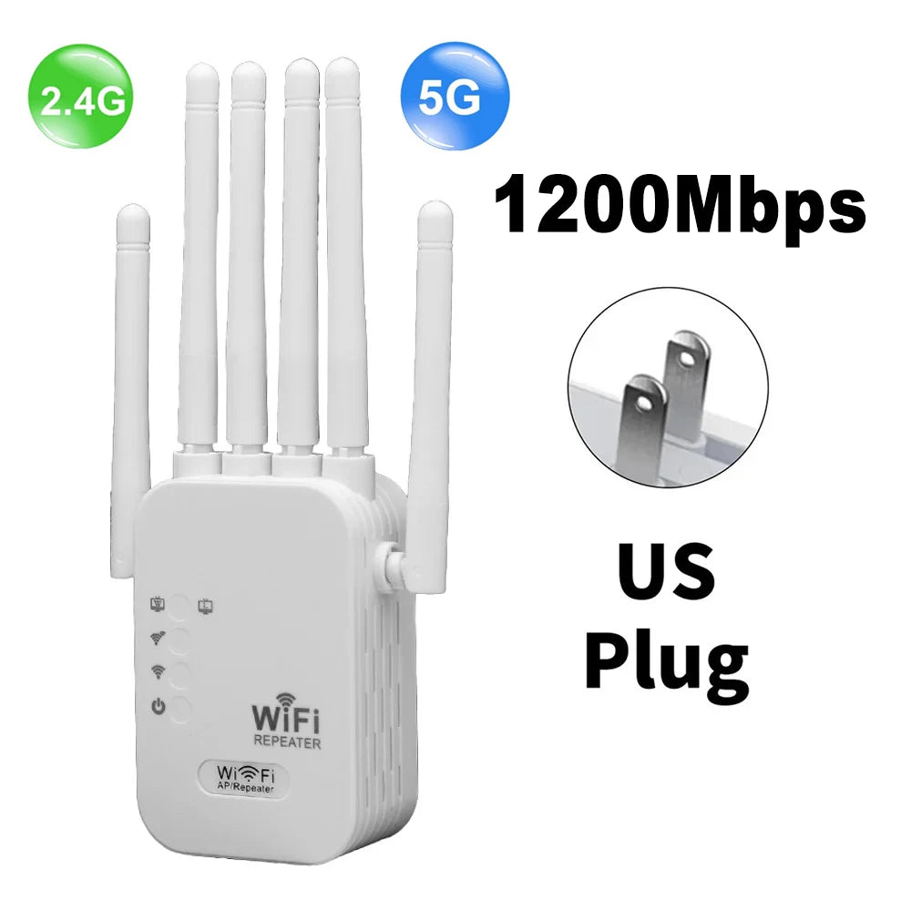 White 1200Mbps dual-band WiFi repeater with four external antennas and a US-style wall plug.