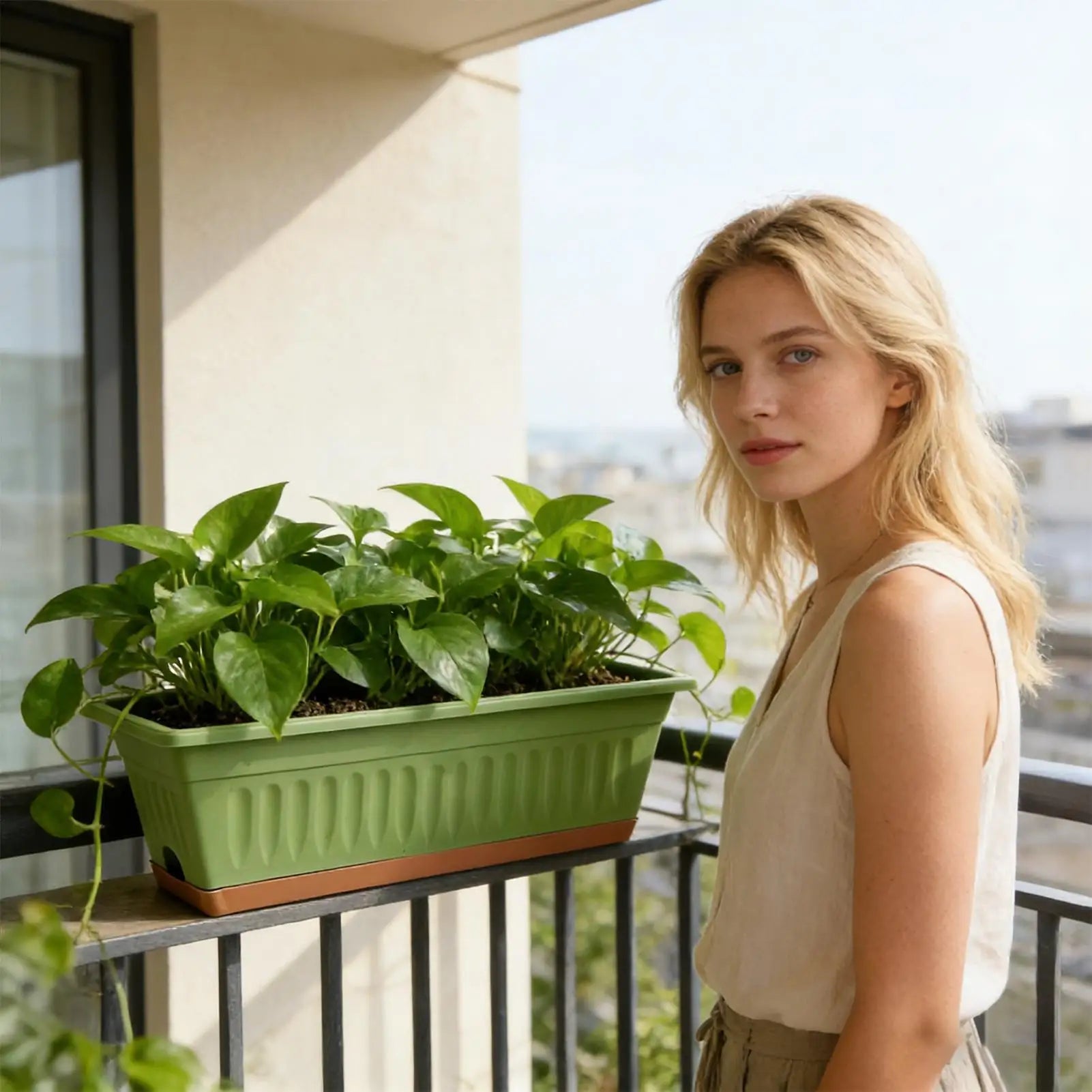A woman stands on a balcony next to a green, rectangular ribbed planter filled with a lush green pothos plant.