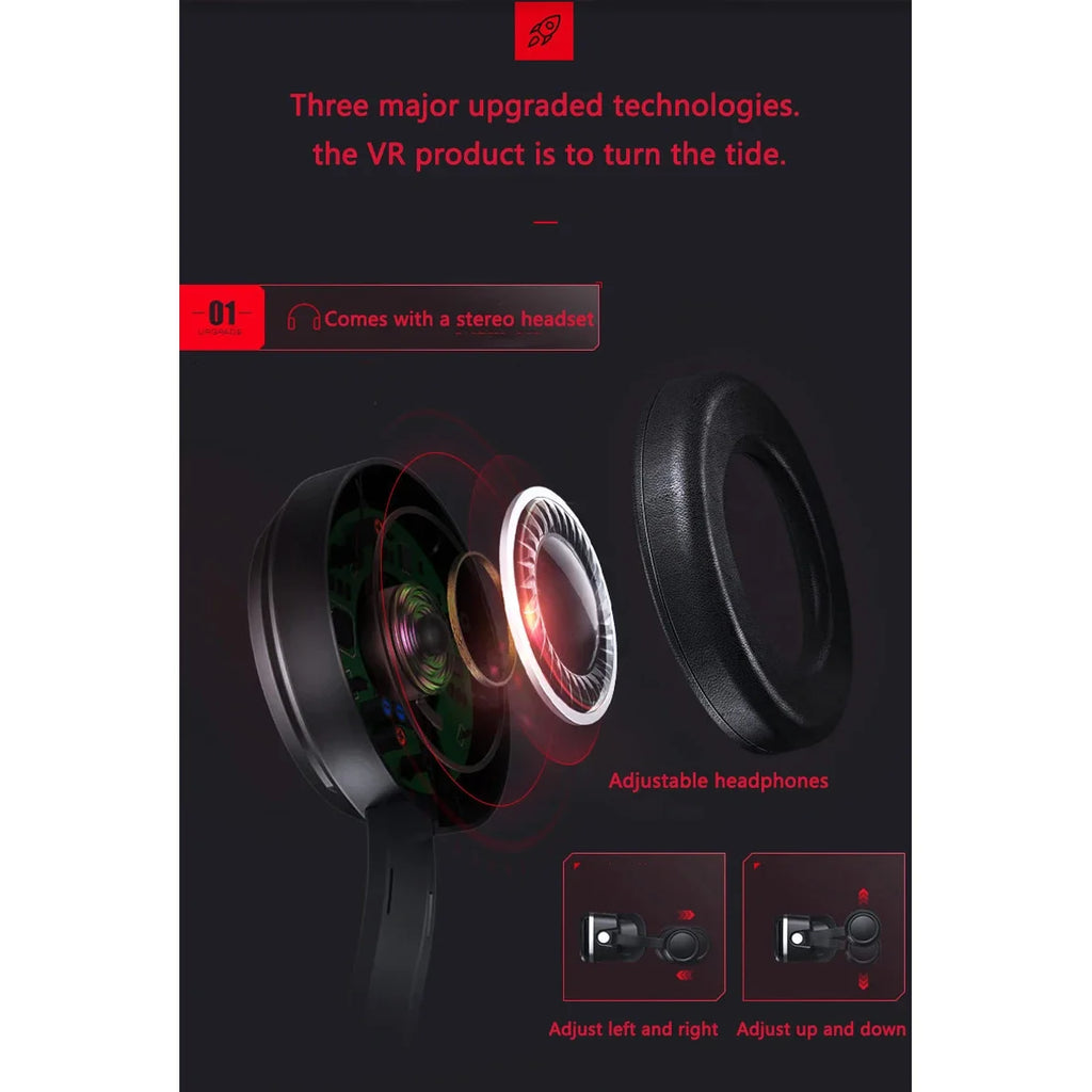 Black adjustable VR stereo headphones with an exploded view showing internal drivers and ear cushion components.