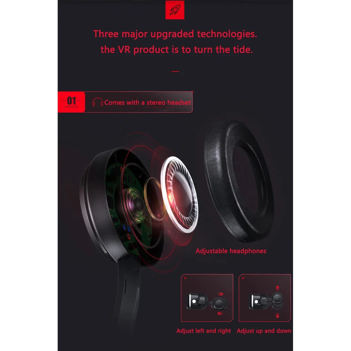Black adjustable VR stereo headphones with an exploded view showing internal drivers and ear cushion components.