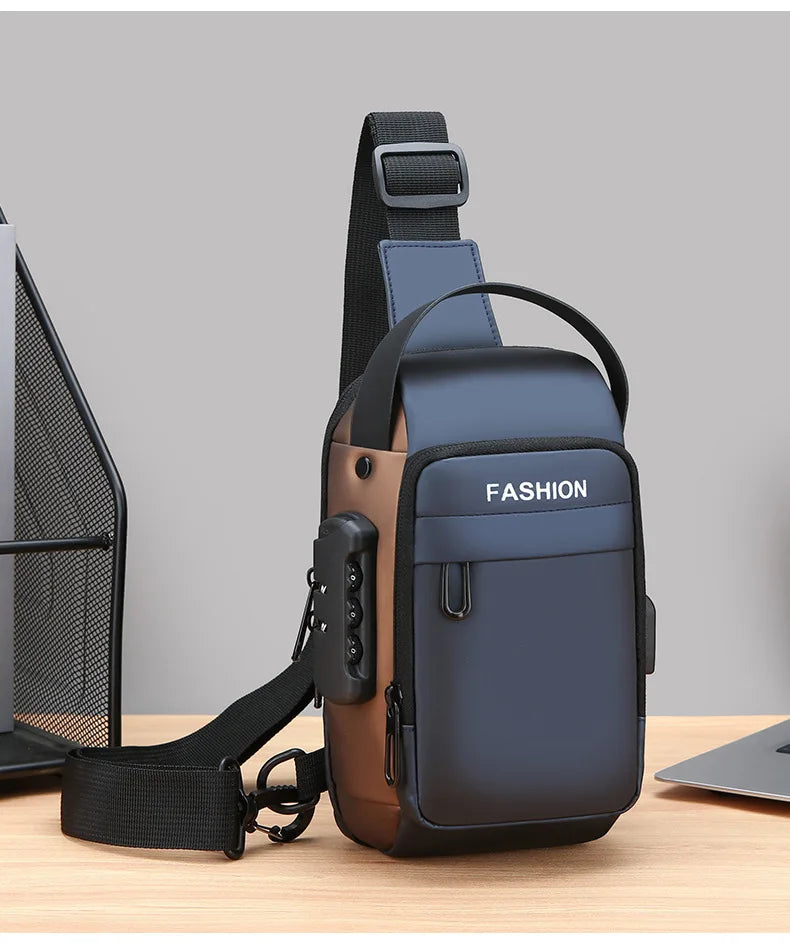 Navy blue and bronze anti-theft sling bag with a secure combination lock, adjustable strap, and side charging port.