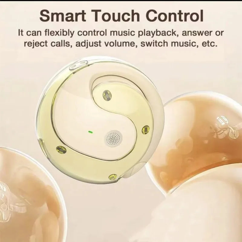 Round, beige and transparent smart touch control device featuring a Yin-Yang inspired design.