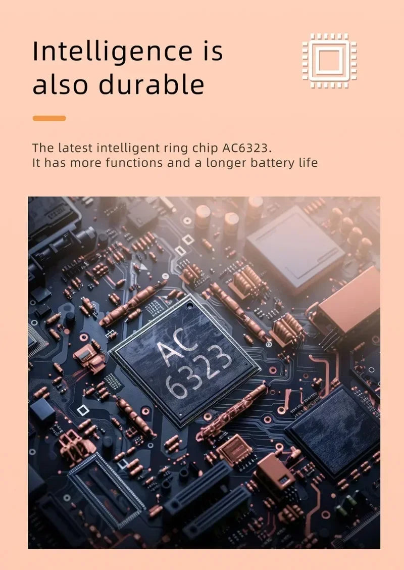 Close-up of a dark circuit board with copper circuitry, highlighting the advanced chip inside the smart fitness ring.