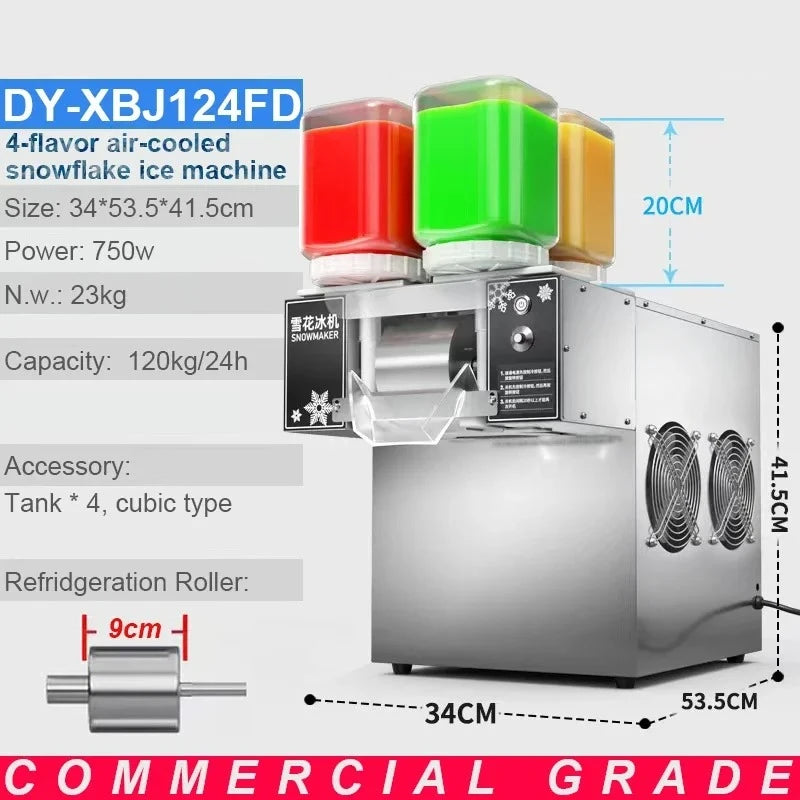 Stainless steel commercial snowflake ice machine with four coloured syrup tanks and visible dimension measurements.