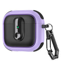 Rugged purple and black silicone AirPod case with carabiner clip. Durable protective cover for AirPods.