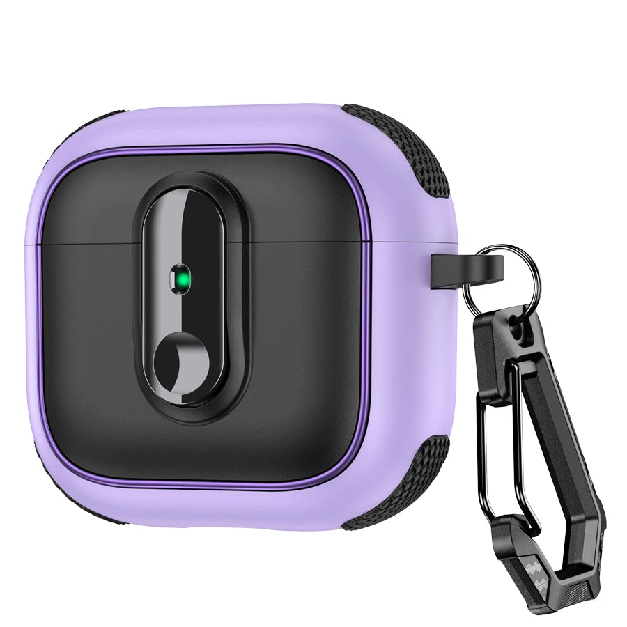 Rugged purple and black silicone AirPod case with carabiner clip. Durable protective cover for AirPods.
