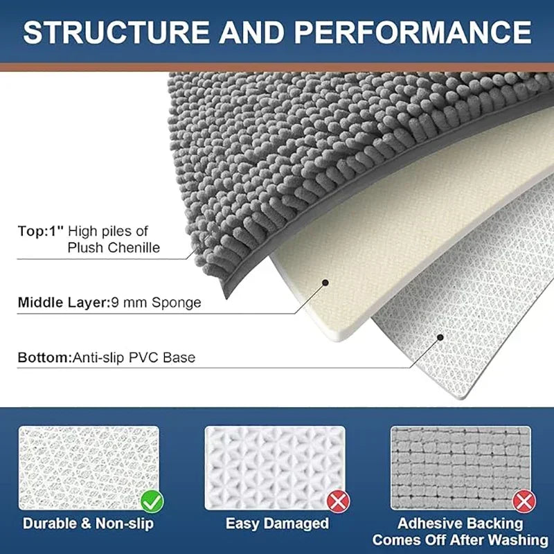 Grey dog doormat with plush chenille top, sponge middle layer, and durable anti-slip PVC base.