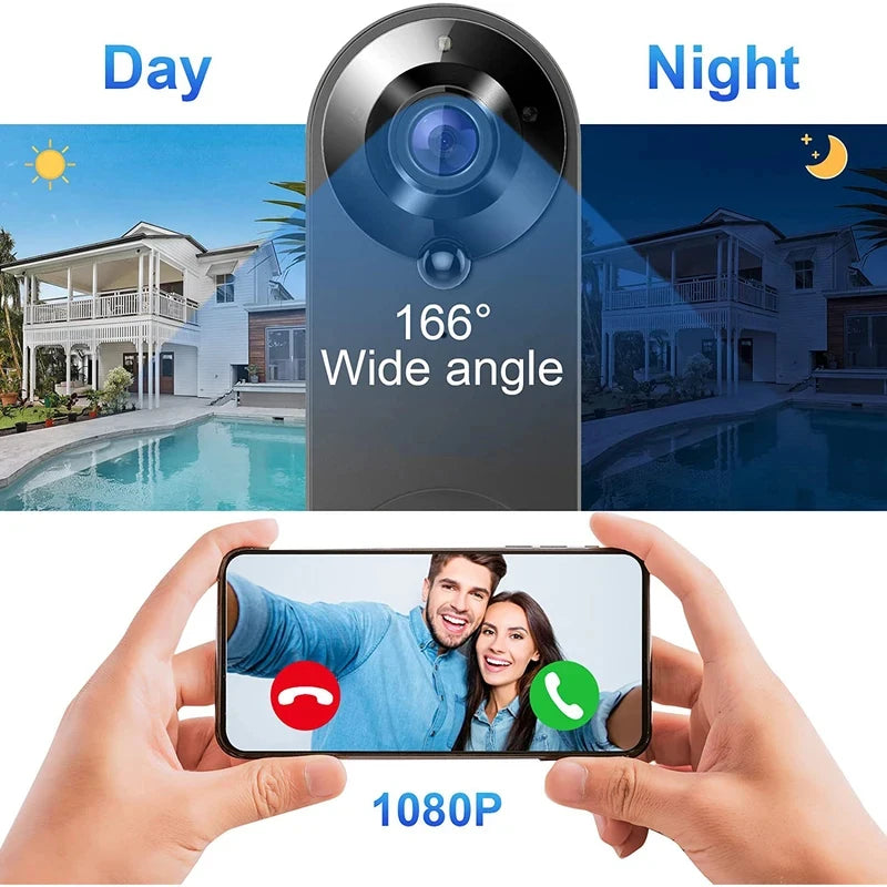 Black smart video doorbell with 166° wide-angle lens, showing 1080P day and night footage on a mobile phone display.