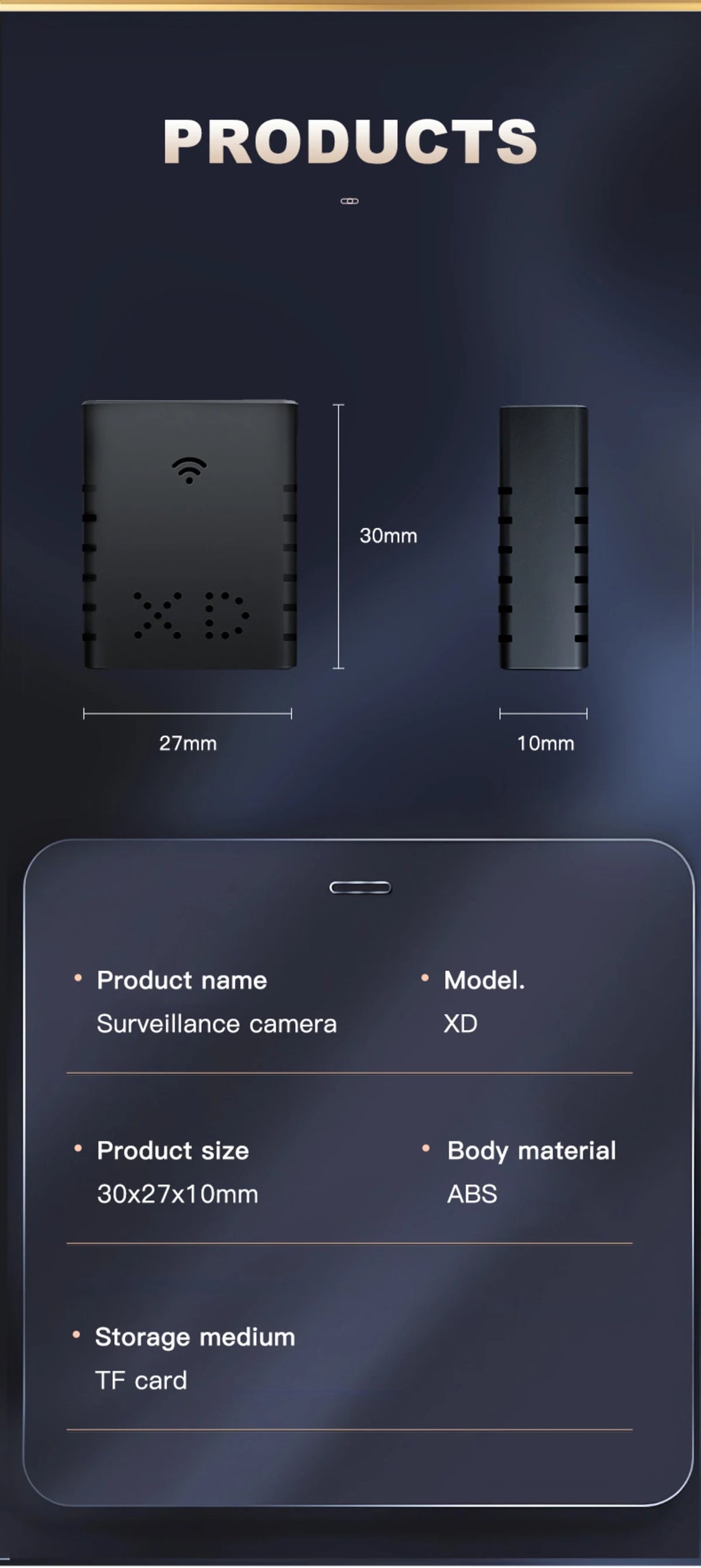 Small black ABS plastic XD surveillance camera measuring 30x27x10mm with a TF card storage slot.