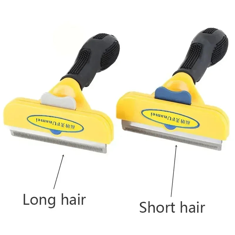 Two pet deshedding brushes with yellow heads, black rubber handles, and fine metal teeth for long and short hair.