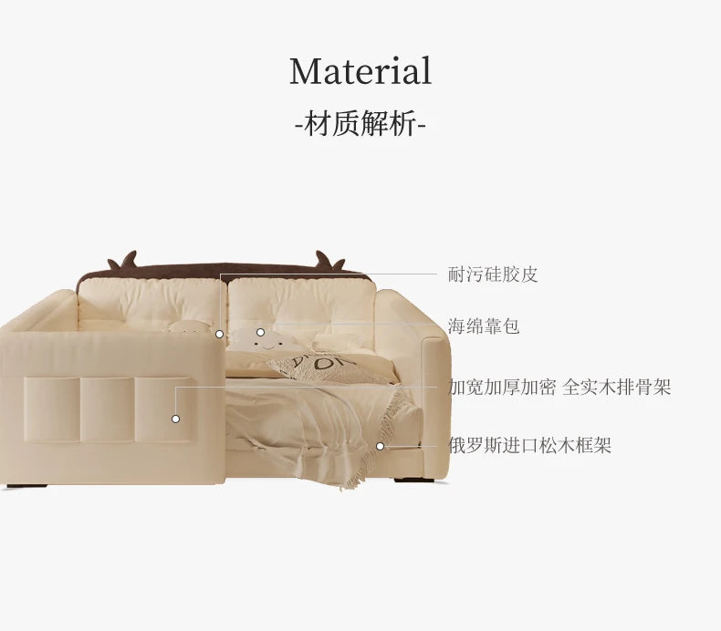 Cream-coloured, padded parent-child bed with protective guardrails, soft headboard, and decorative cow-ear detailing.
