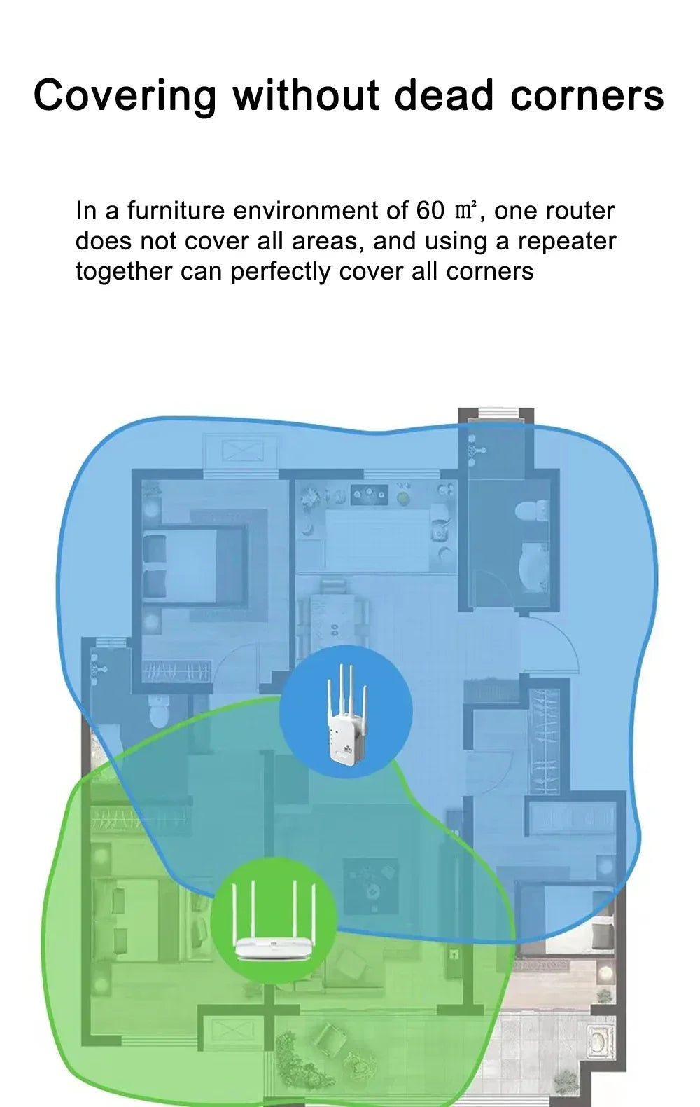 White WiFi repeater with three antennae, shown on a floor plan diagram illustrating extended signal coverage.