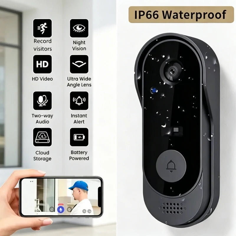 Sleek black 1080p smart video doorbell with night vision, wide-angle lens, two-way audio, and IP66 waterproof rating.
