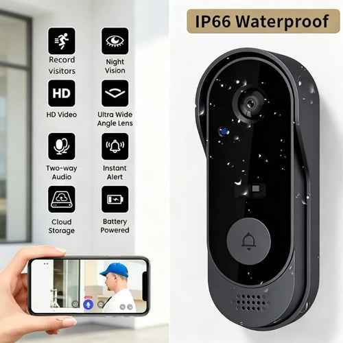 Sleek black 1080p smart video doorbell with night vision, wide-angle lens, two-way audio, and IP66 waterproof rating.