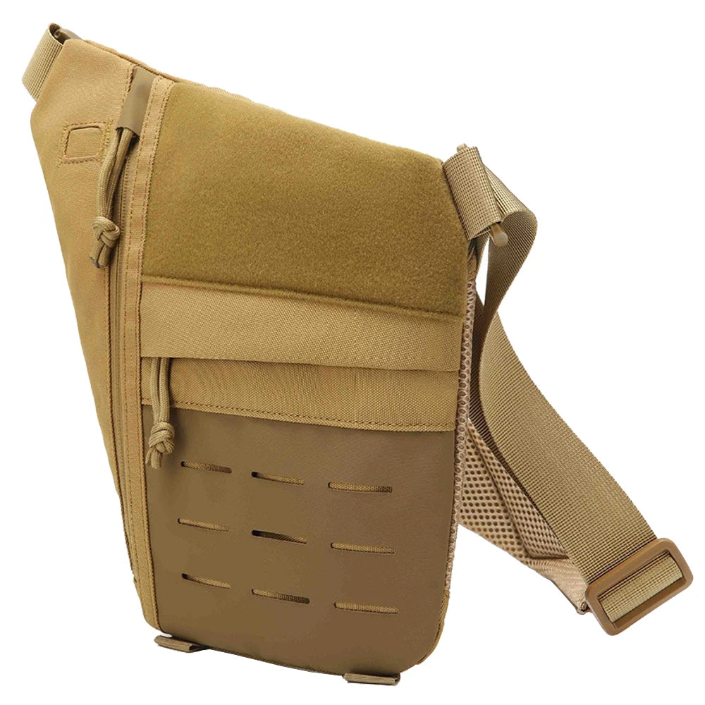 Tan tactical outdoor crossbody sling bag with zip closure, Velcro panel, and modular attachment slots.