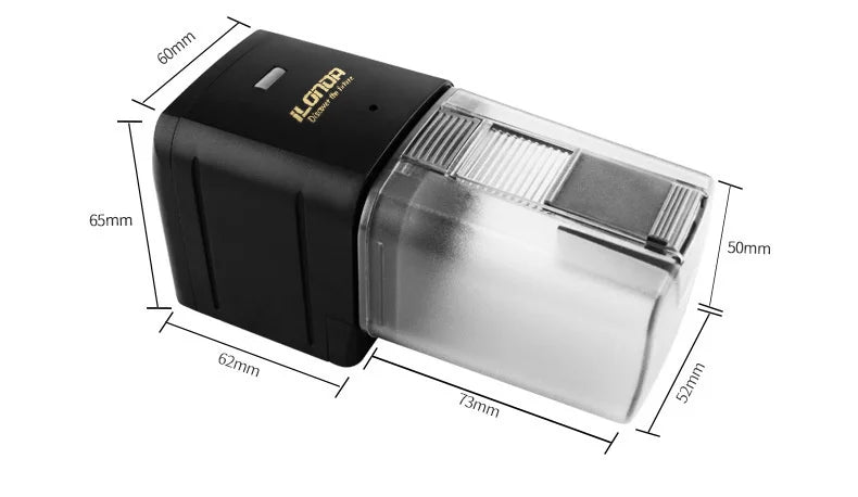 Black automatic fish food dispenser with a clear plastic feed container and annotated measurement lines.