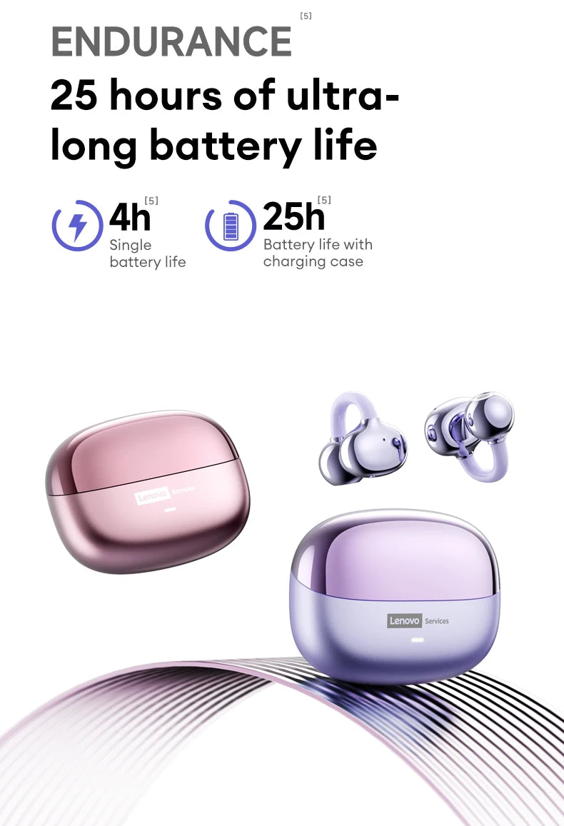 Metallic purple and pink wireless earbuds with matching oval charging cases, featuring 25-hour total battery life.