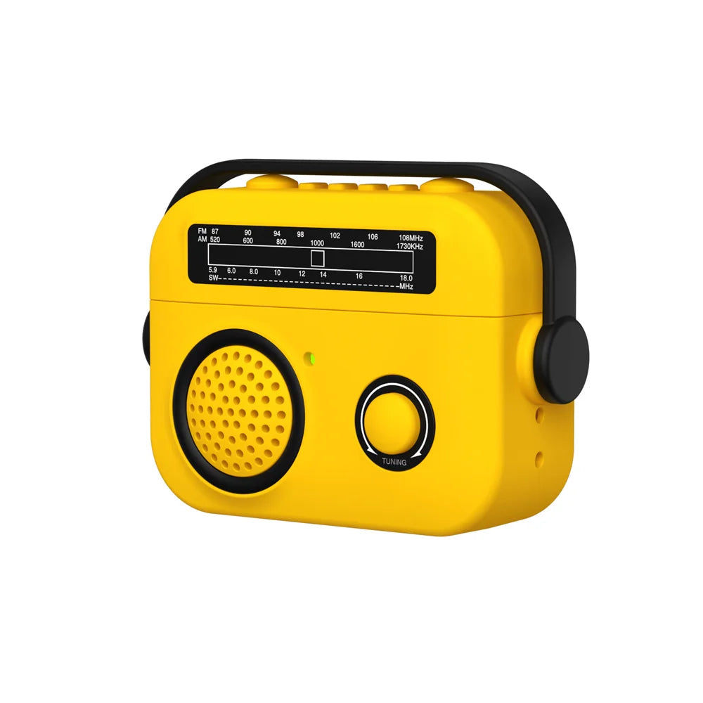 Yellow silicone AirPods Pro case shaped like a vintage radio with a black carry handle.