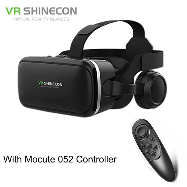 Black 3D virtual reality headset with integrated headphones, adjustable head strap, and a handheld remote controller.