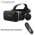 Black 3D virtual reality headset with integrated headphones, adjustable head strap, and a handheld remote controller.