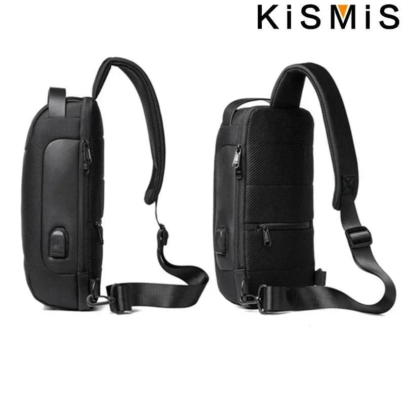Black, waterproof anti-theft crossbody bag with an adjustable shoulder strap and integrated USB charging port.