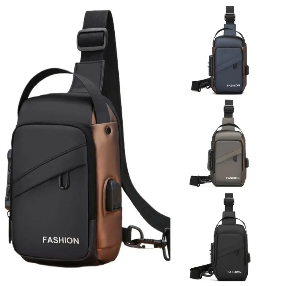 Men's crossbody chest bag with USB charging port, featuring a sleek design in various colours with an adjustable strap.