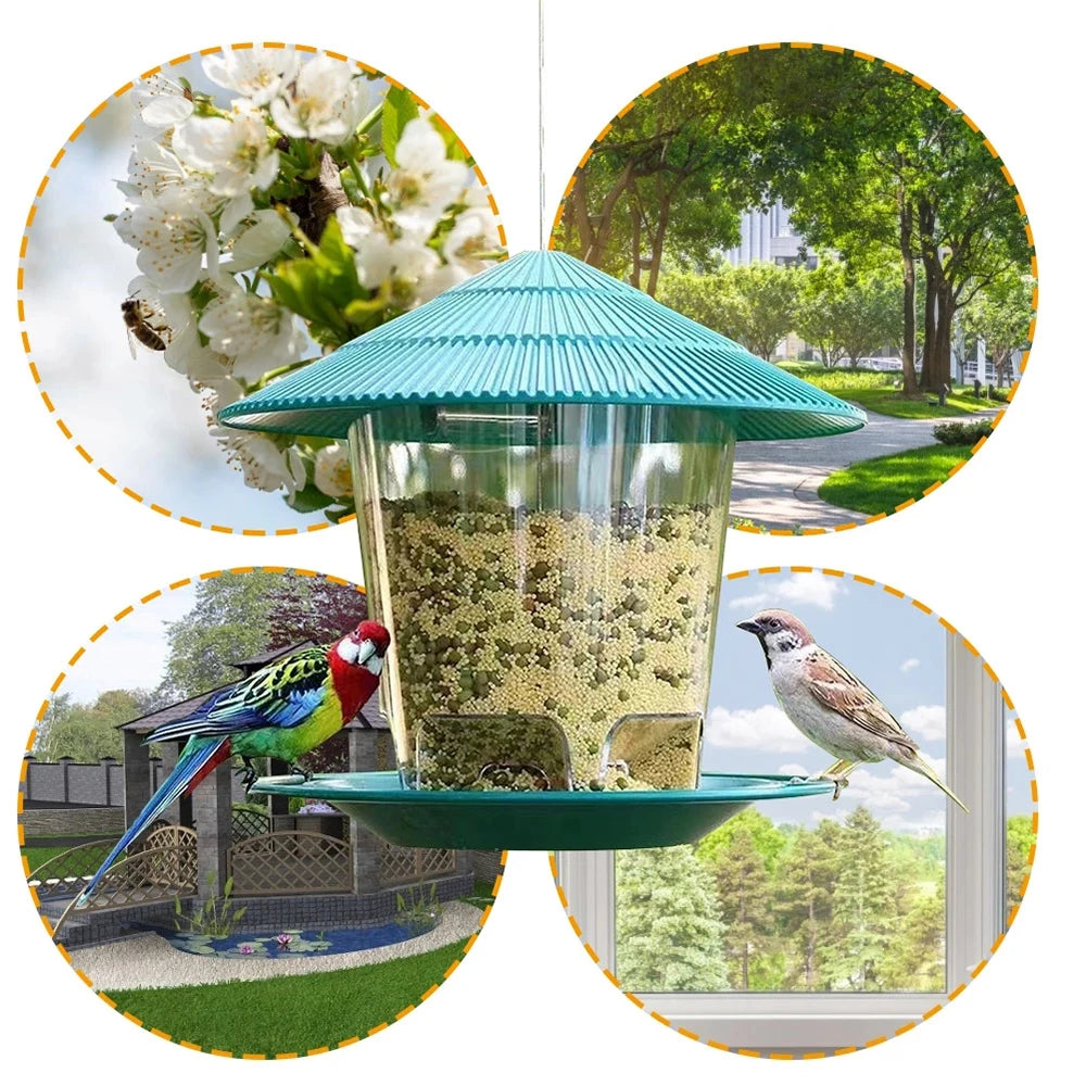 Teal pagoda-style hanging bird feeder with a clear reservoir filled with birdseed, shown with birds in a garden setting.