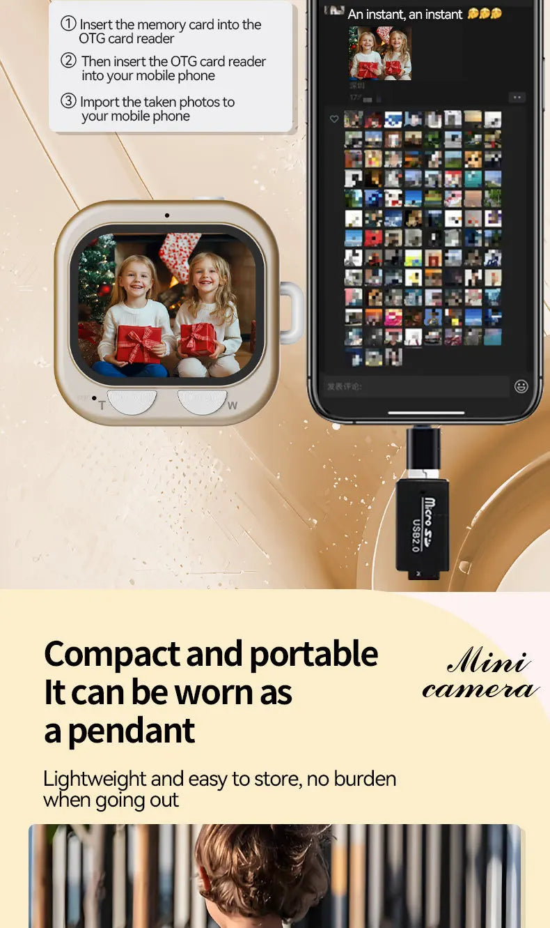 Gold square digital mini camera with a screen and pendant loop, shown connected to a phone via an OTG card reader.