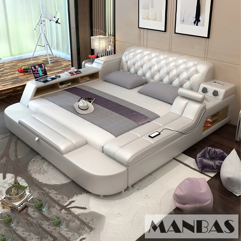 Luxury white faux-leather tufted platform bed featuring integrated speakers, storage shelves, and modern lighting.