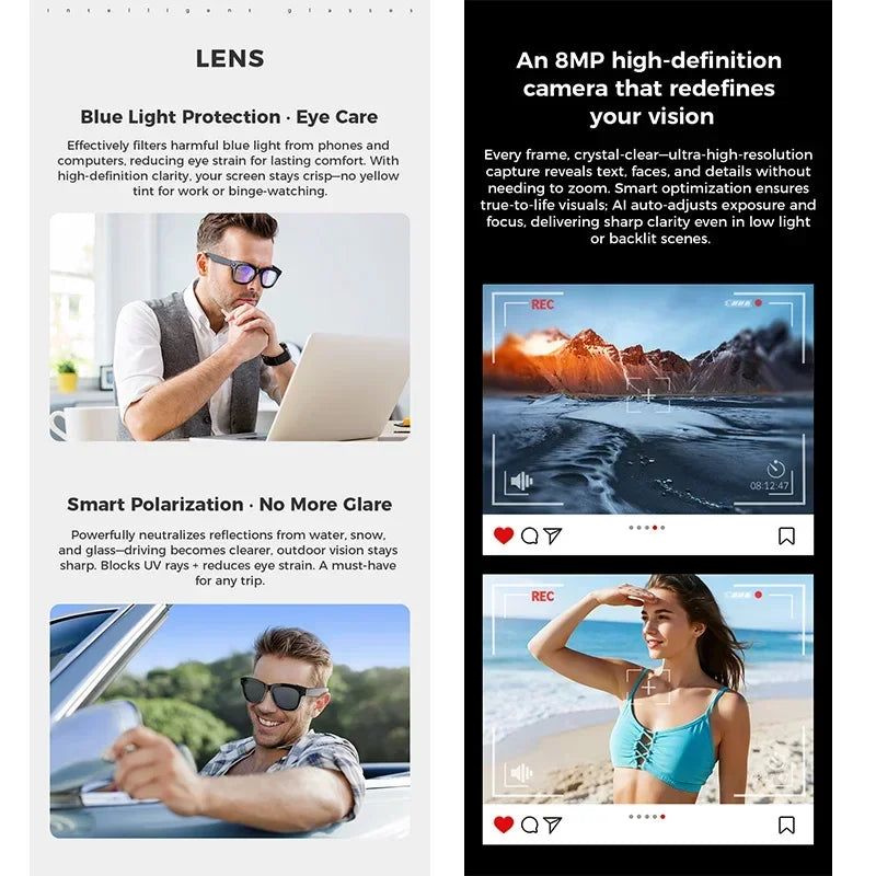 Sleek black AI smart glasses featuring a built-in HD camera, blue light protection, and polarized lenses.