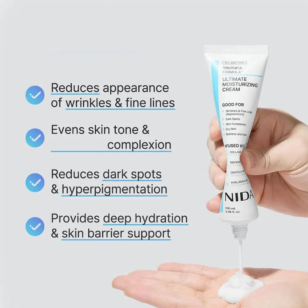 Hand squeezing white tube of anti-wrinkle, hydrating face cream onto palm with benefits listed next to it.