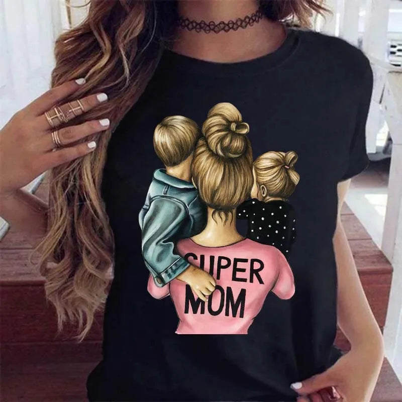 Black crew-neck t-shirt featuring a "Super Mom" graphic illustration of a mother holding her two children.