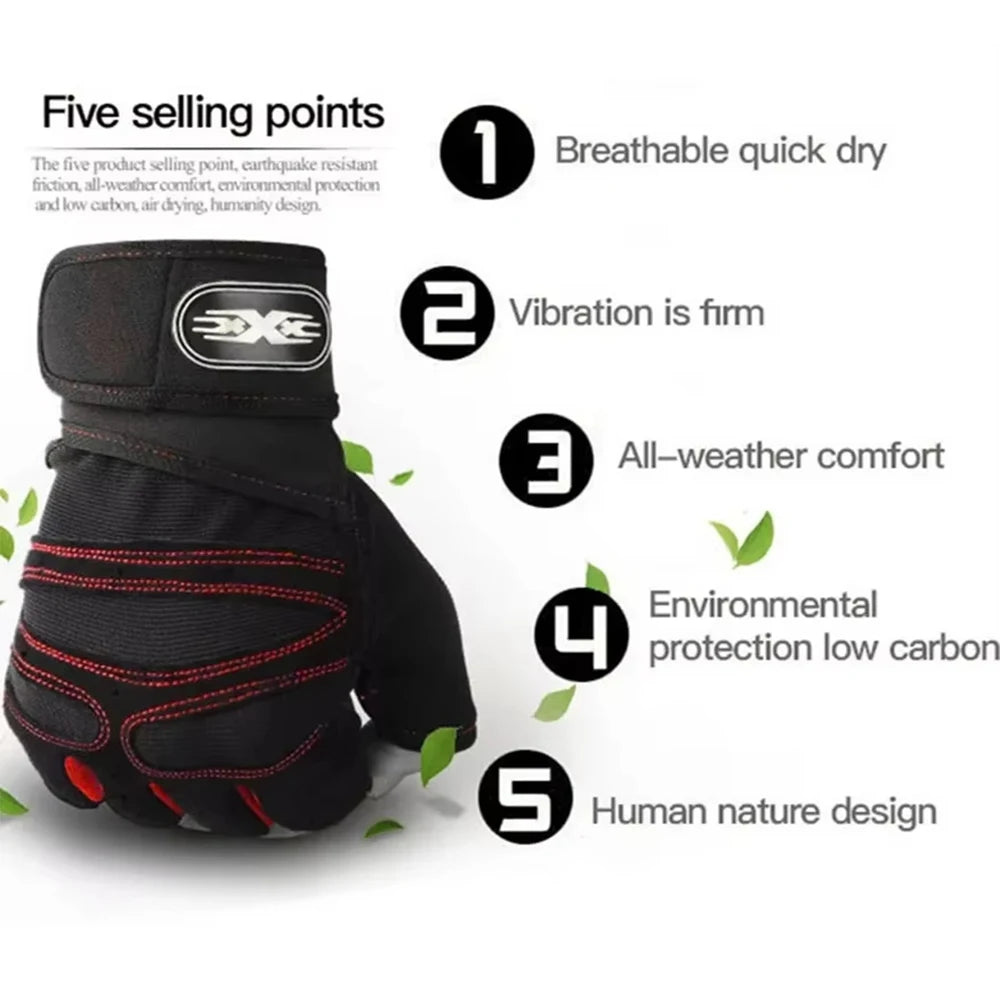Black fingerless sports glove with red stitching, Velcro wrist strap, and five numbered product benefits.