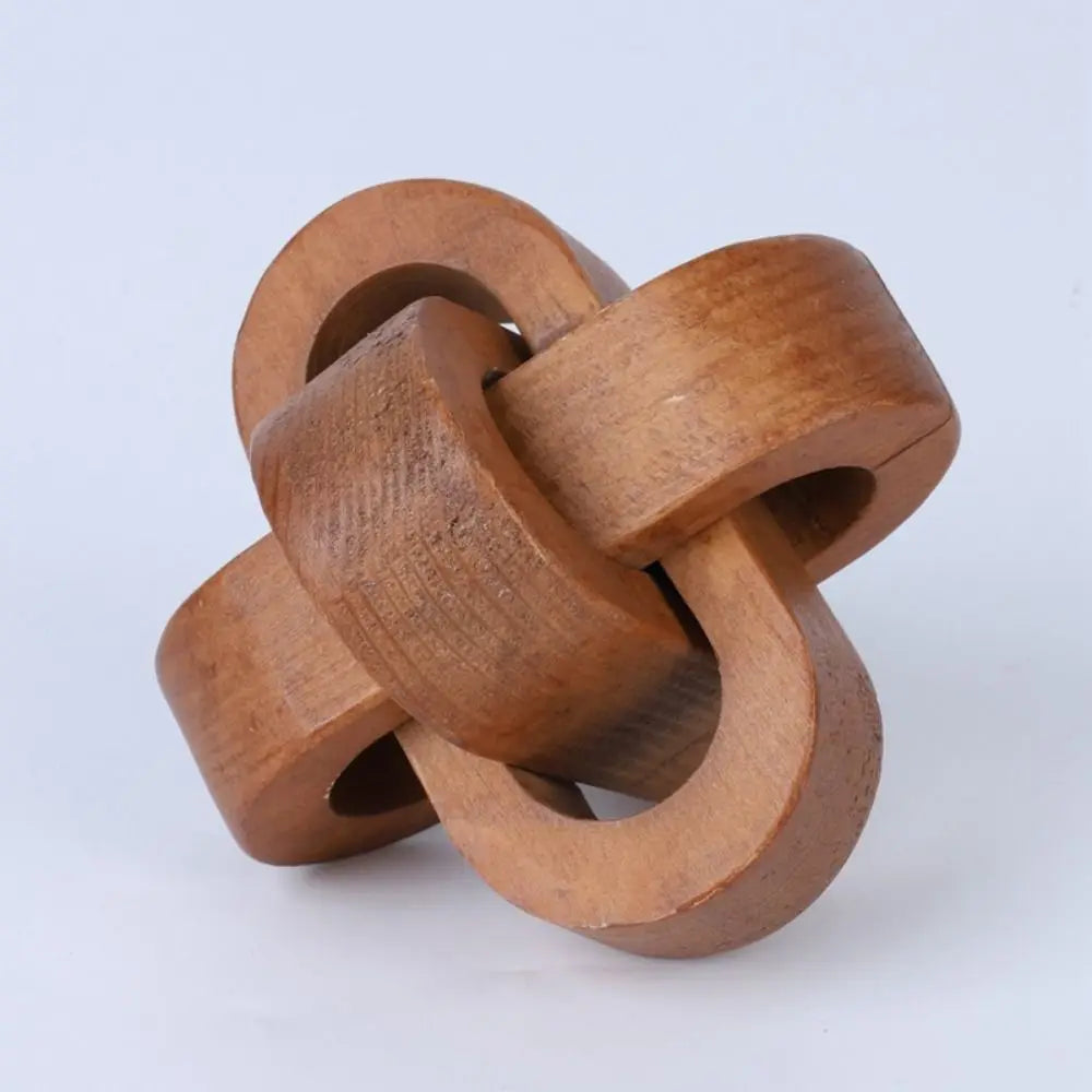 Interlocking 3D wooden puzzle featuring a natural brown finish and three joined circular components.